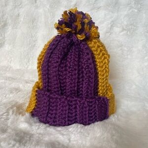 Purple and gold, adult size. Hand crochet by me.